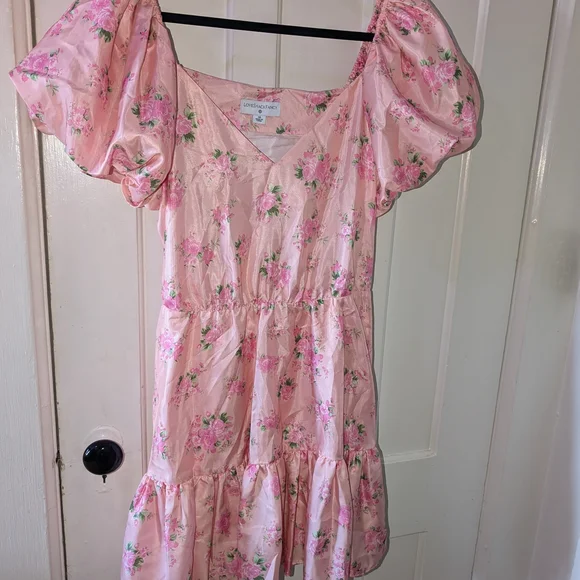 LoveShackFancy Target Collab Pink Floral Puff-Sleeve Wrap Mini Dress - Picture 3 of 5
